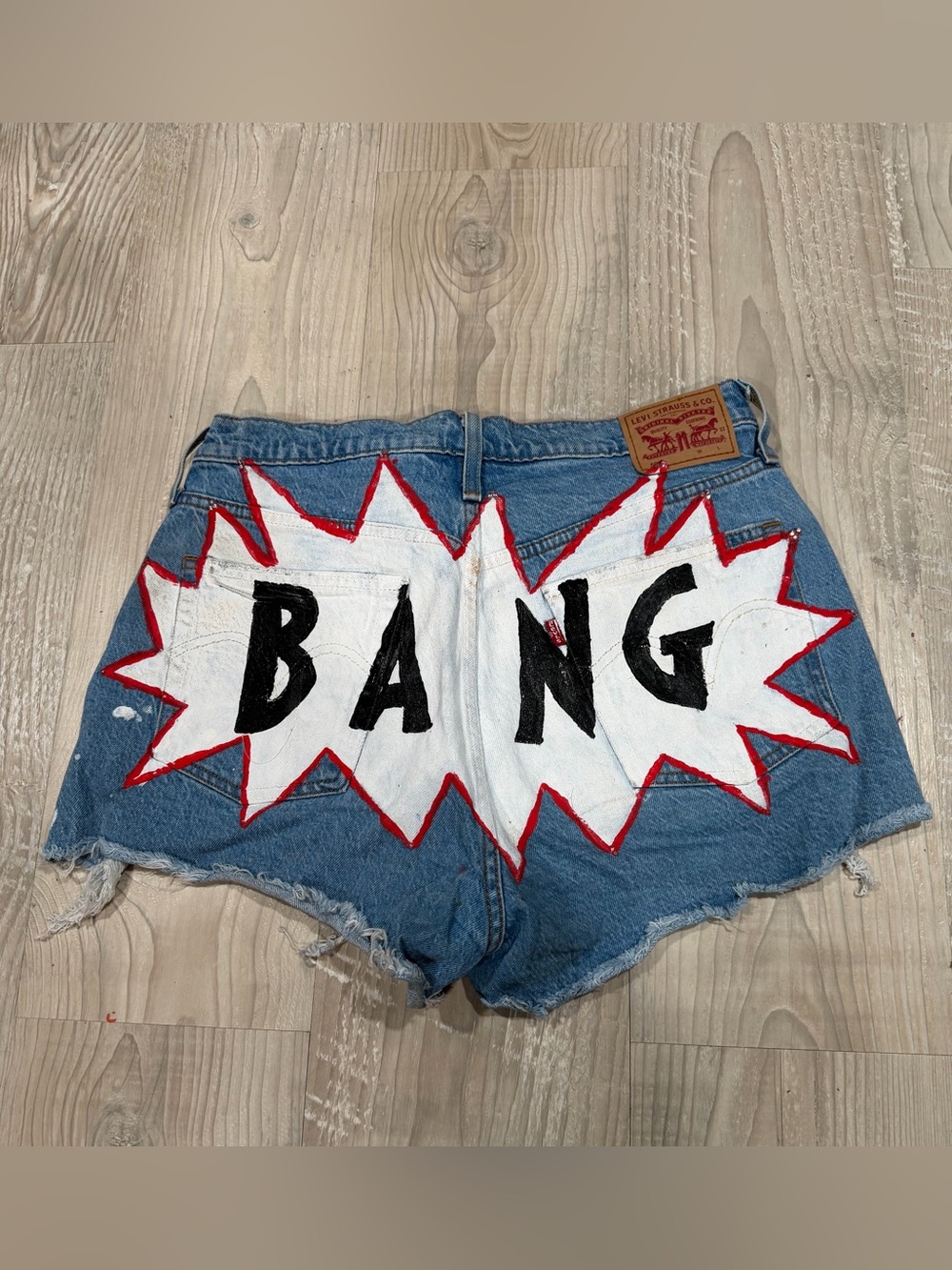 Levi's Blue Denim Cutoff Shorts with White & Black 'BANG' Graphic, Size 14